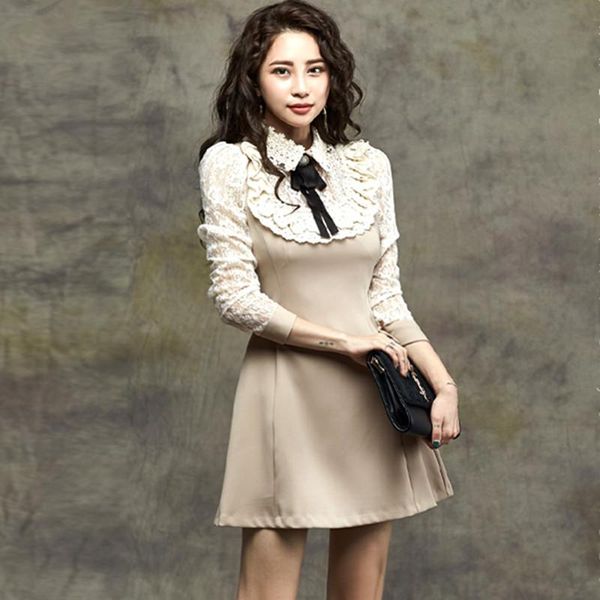 

casual dresses s-xl autumn dress girls female vintage long sleeve women robe lace bow patchwork christmas evening party vestido, Black;gray