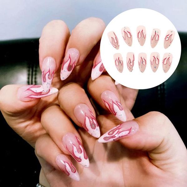 

pcs/set flame pattern fake nails short round head full cover with glue1, Red;gold