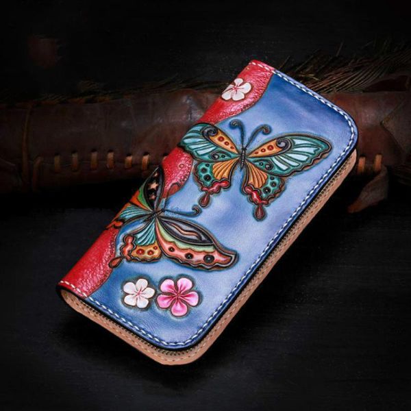 

wallets johnature vintage handmade leather carving wallet first-class quality butterfly cowhide long women card holder purse, Red;black