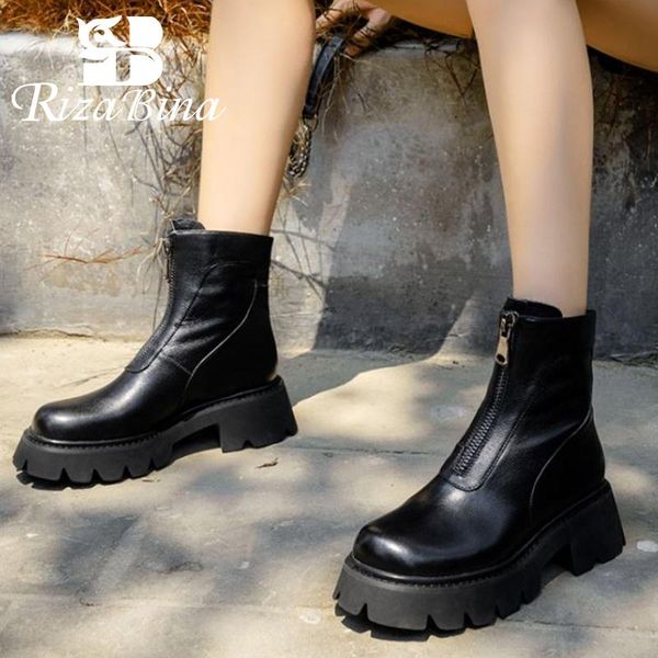 

boots rizabina cow leather women ankle fashion platform high heel winter shoes woman zipper warm lady footwear size 33-40, Black
