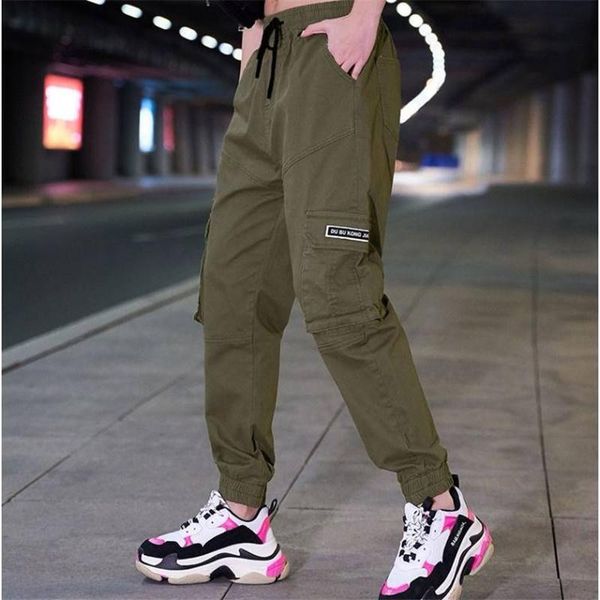 

women's pants & capris fashion 2021 spring women clothing straight overalls casual harem korean elastic waist buckle cargo girls, Black;white