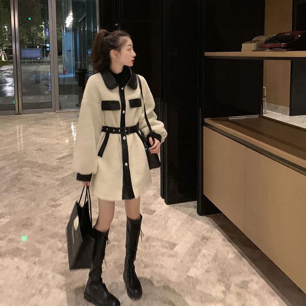 

women's fur & faux 2021 coat female lamb plush winter stitching loose thick temperament small fragrant wind woolen warm women jacket, Black
