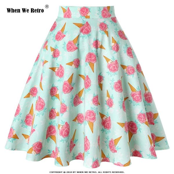 

skirts when we retro women summer skirt 2021 vd0020 ladies high waist ice print floral vintage cotton jupe femme, Black