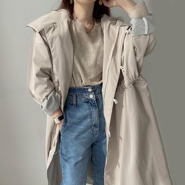 

women's trench coats versatile personalized hoodie buckle zipper drawcord waist closure design large pocket medium and long windbreaker, Tan;black