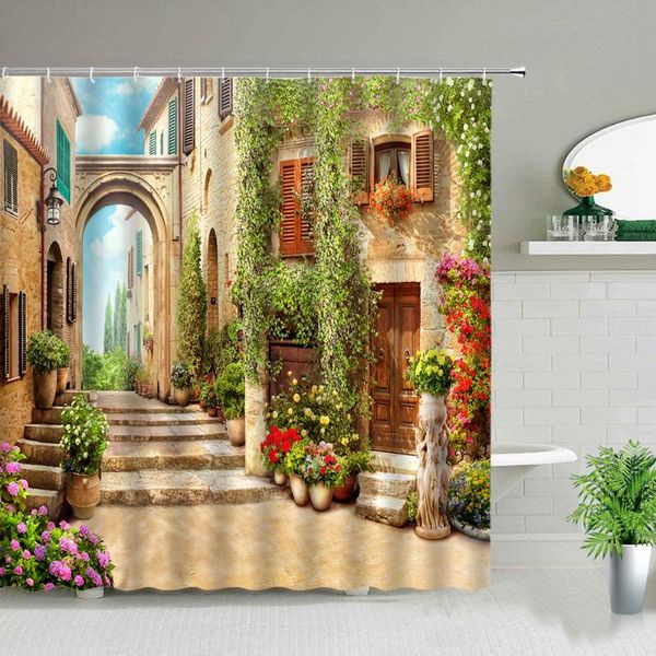 

landscape shower curtains american building street garden green vine flower scenery print bathroom screen background wall decor