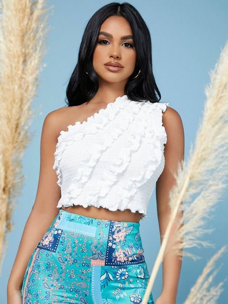 

sxy one shoulder frill trim shirred u8gt#, White