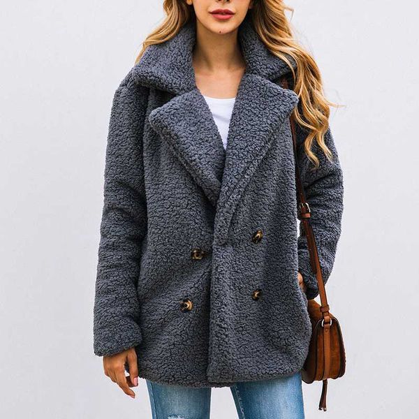 

women's fur & faux coat jacket plus size plush fleece overcoat winter elegant lapel blends sobretudo feminino abrigo wjdc, Black