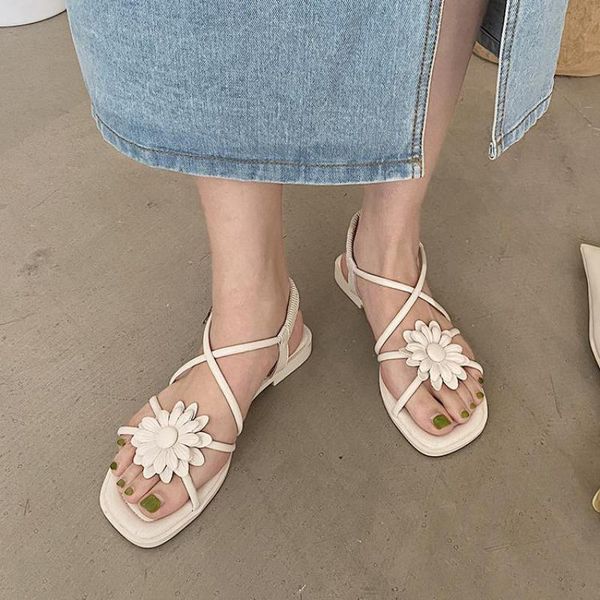 

sandals women's 2021 summer cross-strap roman shoe flowers elastic band open toe lady shoes fashion sweet mujer sandalias, Black