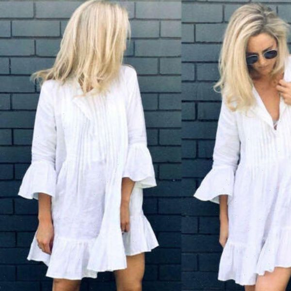 

summer swimwear women dress cover up beach wear loose v neck solid white blouse shirt dresses boho shirts, Black;gray