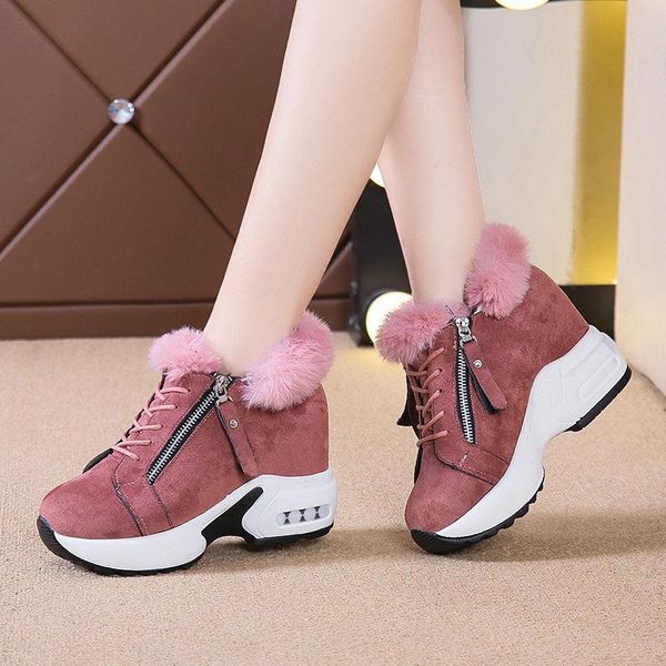 

boots winter shoes womem platform fur inside warm snow woman wedges hidden heels short ankle lace up ladies botas mujer, Black