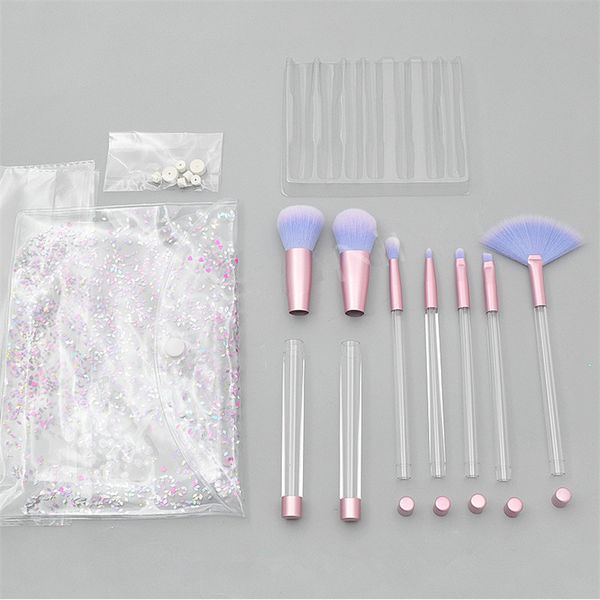 Make-up-Pinsel, 7-teilig, leer, transparenter Griff, tragbar und glitzernd, mit Kosmetiktasche über DIY-Pinsel-Set