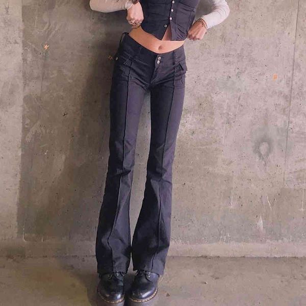

y2k aesthetics edge slim low waist black flare pants women e-girl vintage side pockets solid autumn harajuku 90s long trousers 210415, Black;white