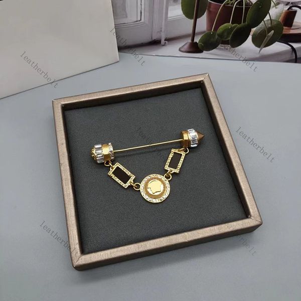 

gold plated chain pins diamond inlay brooch classic retro pattern jewelry delicate pin birthable gift, Gray