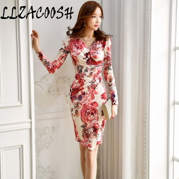 

llzacoosh womens v neck floral print pencil dresses autumn long sleev casual work party bodycon office sheath dress 210514, Black;gray