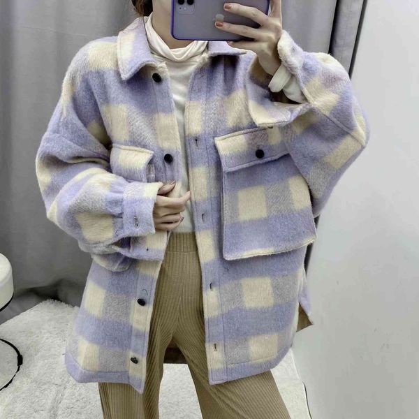 

vintage plaid woolen shirt jacket coats women winter fashion turn-down collar pockets button jackets casual loose overcoat 210507, Black