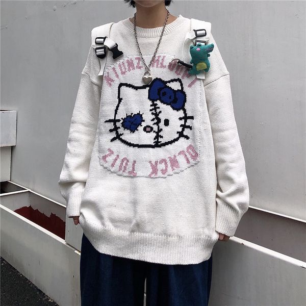 

women's sweaters suÃ©ter japonÃªs de senhos animados para mulheres, harajuku, estampa gato, estilo preguiÃ§oso, solto, tamanho gran, pulÃ´v, White;black