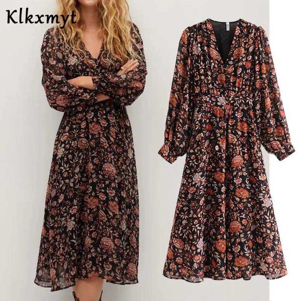 

klkxmyt za dress women chic fashion flower print midi vintage long sleeve with linning female es vestidos mujer 210527, Black;gray