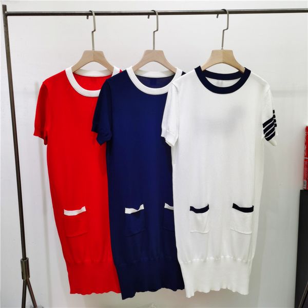 

summer new tb british dog pattern four bar pocket casual round neck knitted medium length dress, White