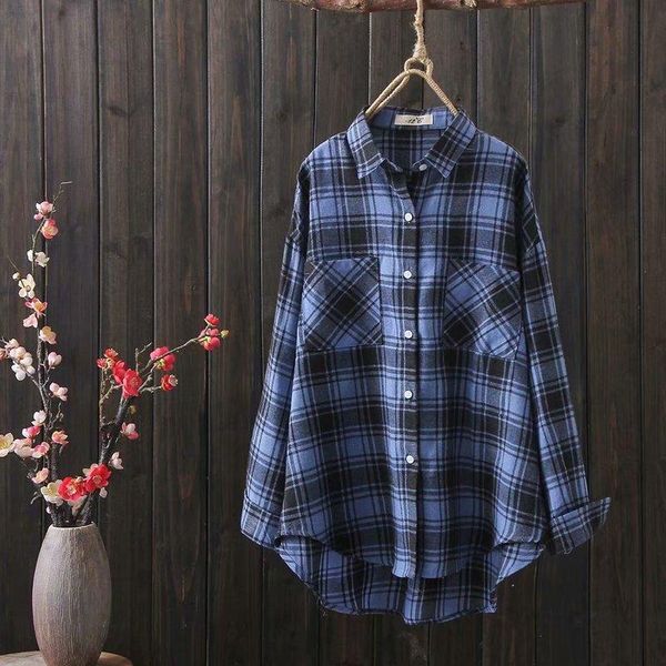 

women's blouses & shirts korean style loose lapel cotton linen plaid long sleeve shirt all-match casual coat, White