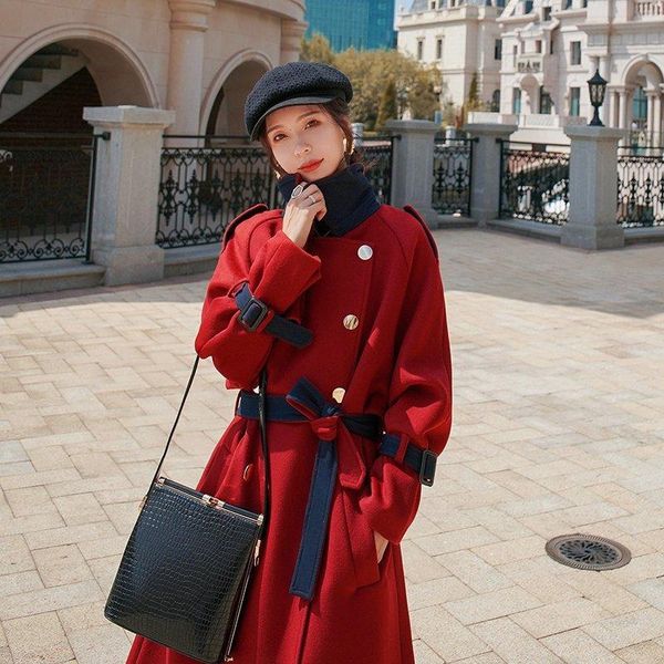 

women's wool & blends red tweed coat middle long autumn winter 2021 korean loose temperament gentle, Black