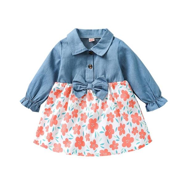 

girl's dresses toddler baby girl princess dress long sleeve button front denim patchwork clothing floral printed a-line casual, Red;yellow