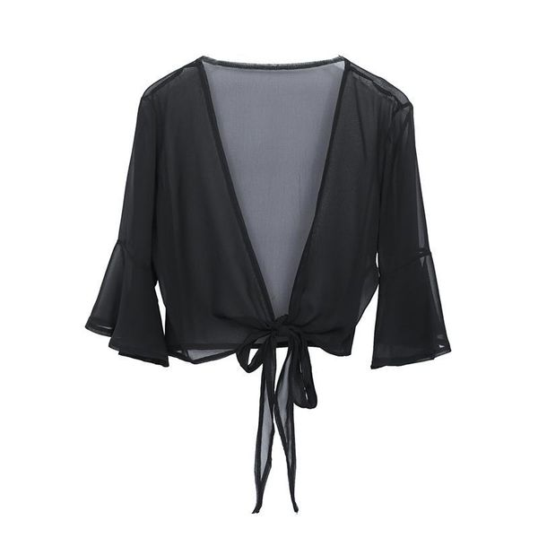 

Women's Jackets Korean Style Office Chiffon Slim Lantern Sleeve Thin V-Neck Bow Open Stitch Plus Size XL-4XL Women Coats Summer Top J66A, Black;brown