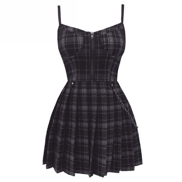 

gothic girls plaid pleated punk dress preppy style red black spaghetti strap sleeveless mini short dresses goth streetwear, Black;gray
