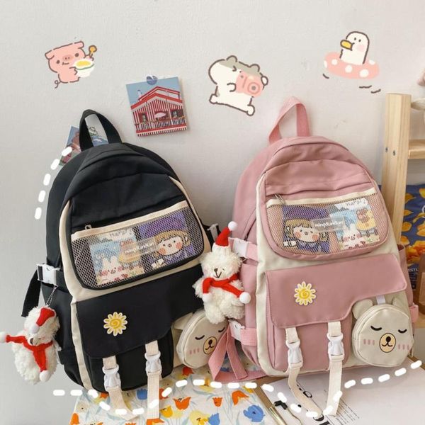 

school bags girl backpack with small wallet mesh design preppy style pink black large cute schoolbag student
