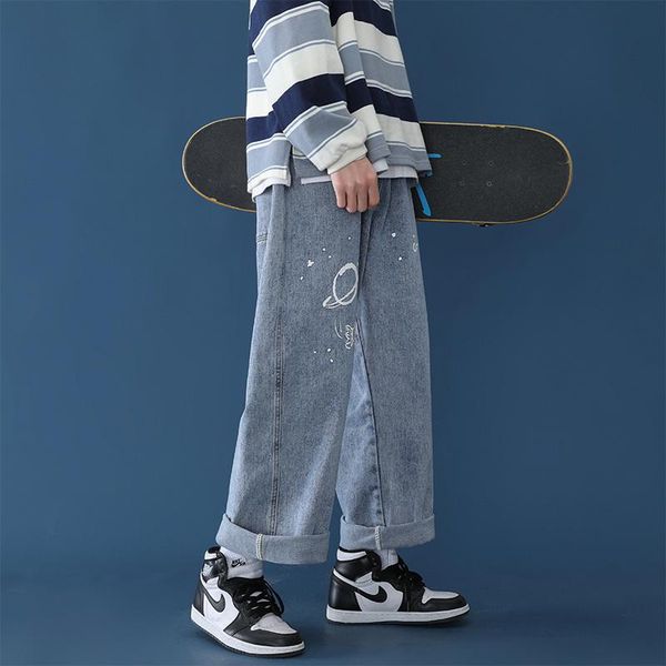 

men's jeans graffiti man straight skateboard loose chic salt series versatile wide leg daddy high street fashion hip hop streetwear, Blue
