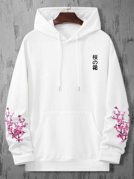

men floral and japanese letter graphic drawstring hoodie w0jx#, Black
