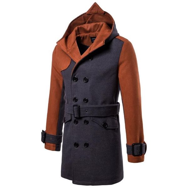 

men's wool & blends men winter belt male jacket british style long windbreaker double breasted hooded woolen coat, Black