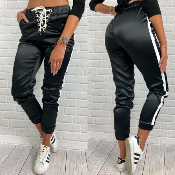 

women's pants & capris women joggers ankle tied elastic waist criss-cross bandage silk side striped female casual leisure trousers 2021, Black;white