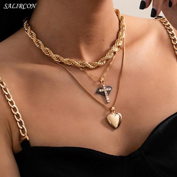 

vintage crystal cross heart pendant necklace for women kpop multi layer twisted neck chains fashion jewelry gift 2021 necklaces, Silver