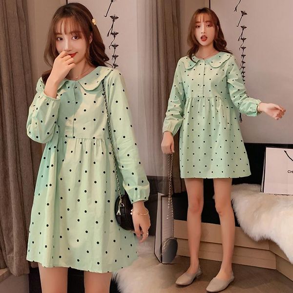 

maternity dresses 9010# clothes spring autumn cotton polka dot loose stylish dress for pregnant women pregnancy, White