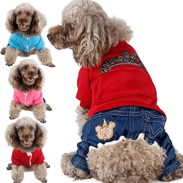 Abbigliamento per cani Vestiti per animali domestici Tute di jeans ricamate Peluche Caldo Lettera Gatto Giù Parka Inverno Autunno Home Entertainment