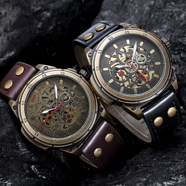 

shenhua skeleton mechanic wristwatch for men steampunk luxury watch vintage retro male auto self-winding reloj hombre montre wristwatches, Slivery;brown