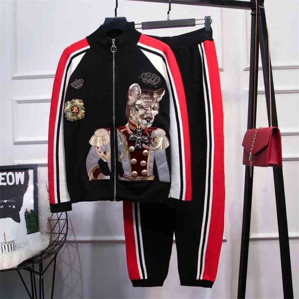 

high street stylish runway suit set women's embroidery color block zip jacket casual pants 210521, White