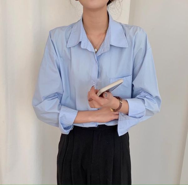 

women's blouses & shirts hzirip loose cotton minimalist 2021 chic femme girls all match brief full sleeves solid office lady, White
