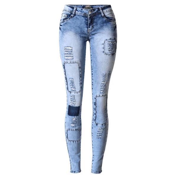 

logami ripped jeans for women holes skinny jeans slim femme womens jeans elastic patchwork pantalones vaqueros mujer 211111, Blue