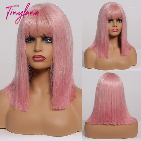 

lana lengthstraight wigs bob style synthetic fiber ombre pink&green with bangs for black women's daily use african american1