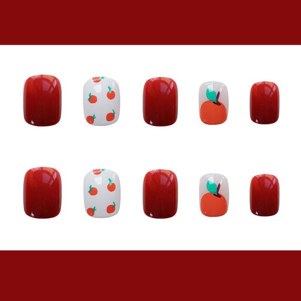 

false nails 24 pcs/set cute apple pattern mini fake reusable ultra thin glossy red with liquid glue wholesale drop, Red;gold