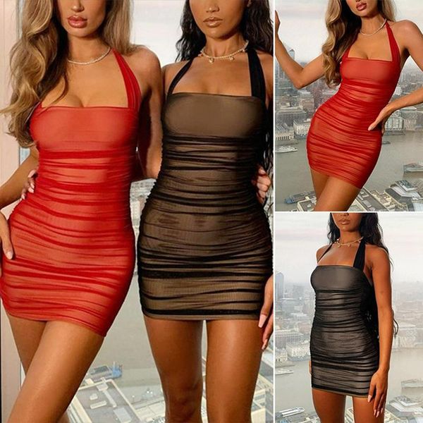 

casual dresses backless mesh halter mini dress women spring summer simple solid office lady slim, Black;gray