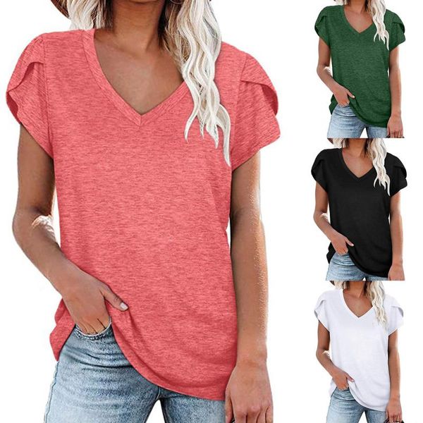 

women's t-shirt 2021 spring summer women solid color v-neck petal short sleeve ladies fashion casual loose streetwear, White