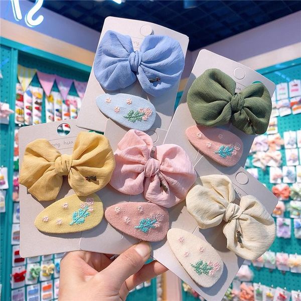 

korea style simple cute girl hairpin fabric bow embroidery flower oval princess hair clips for children fashion accessories, Slivery;white
