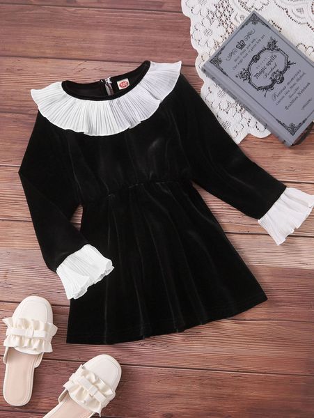 

toddler girls ruffle trim flounce sleeve dress she01, Red;yellow