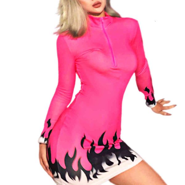 

dressed in elastic fire print waist zip forward quarter sukienka bodycon mini flame harajuku hipster tight dress deep v neck, Black;gray