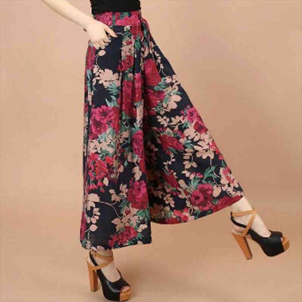 

summer women print flower pattern wide leg loose dress pants female casual skirt trousers capris culottes mujer large size, Black;white