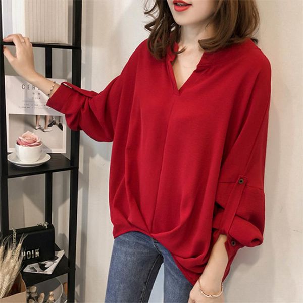

women bat sleeve shirt long sleeved women's and blouse chiffon solid feminine clothes 4xl red orange plus size blouses & shirts, White