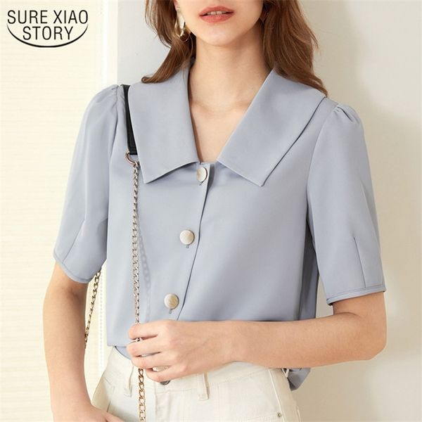 

french vintage woman's blouses solid colors loose short sleeve chiffon blouse slim single-breasted female blusas 10287 210508, White