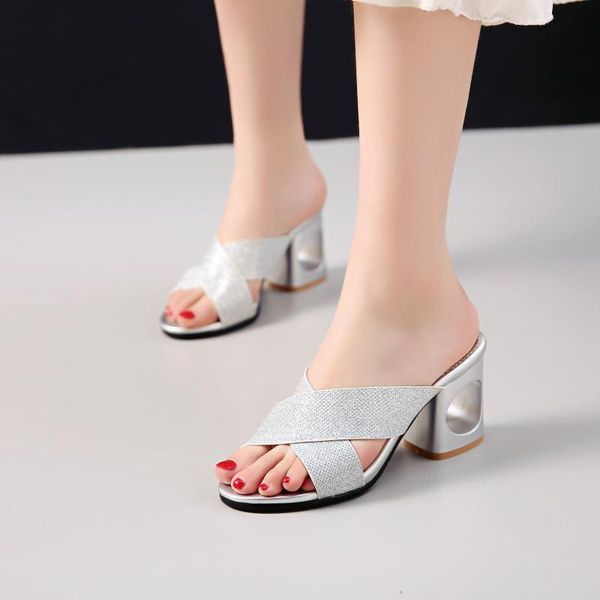 

slippers 2021 summer high heels women flip flops modern bling fretwork concise women's slides shoes, Black